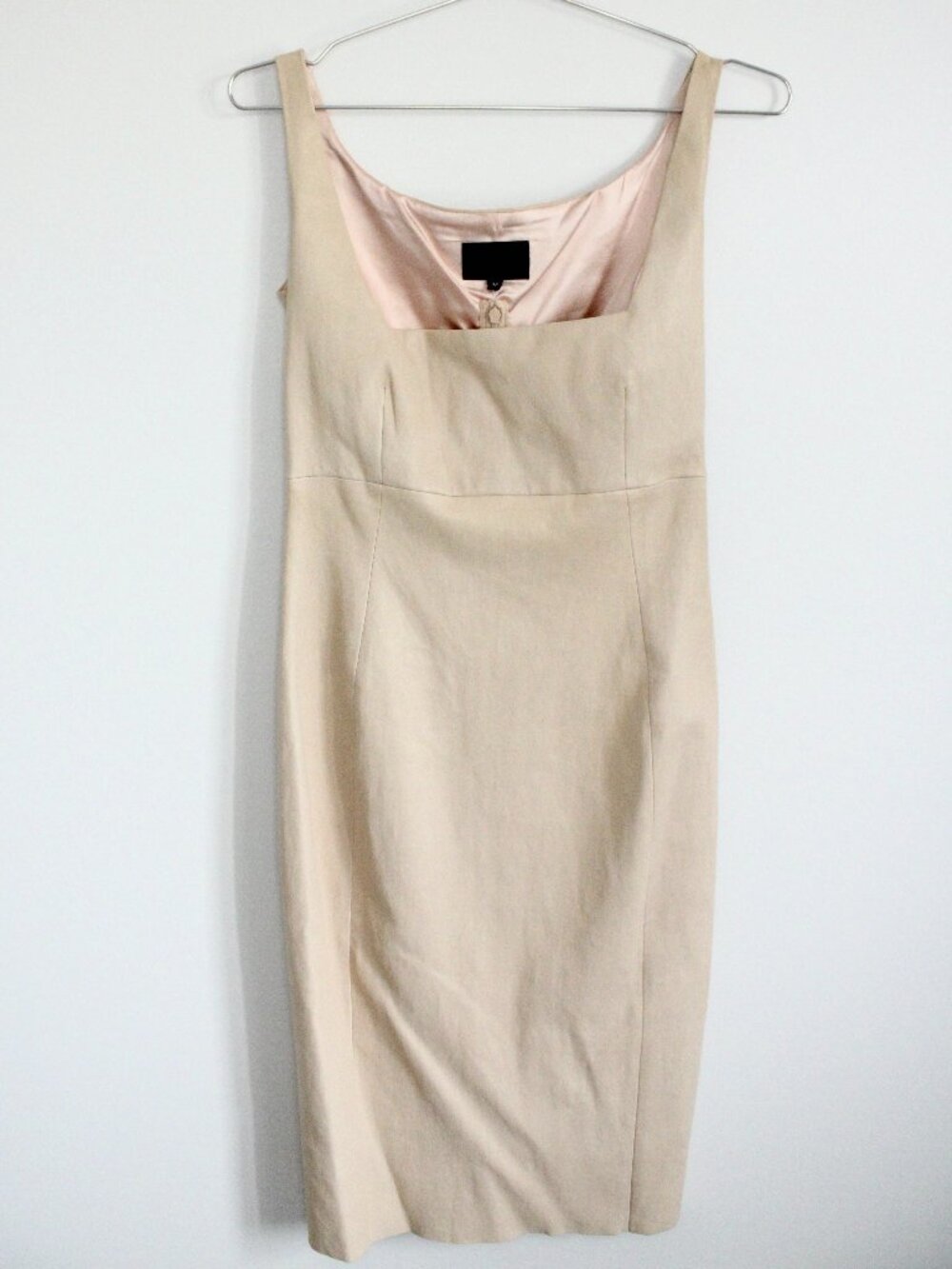 STOULS Paris Leather Dress Womens M Beige Sleeveless Sheath Designer Luxury